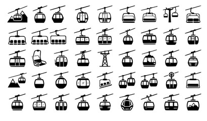 Cable car vector icon set black flat gondola ski lift collection isolated on white background © Mst