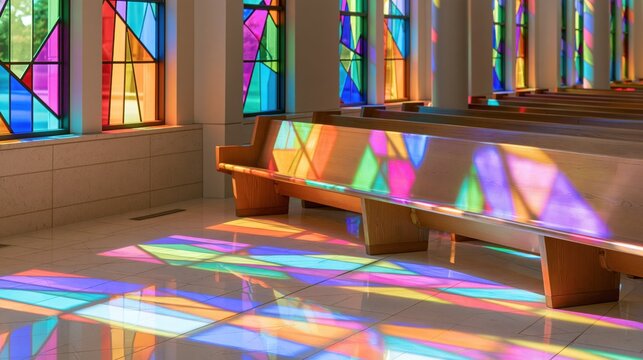 Vibrant light patterns cast by contemporary stained glass windows inside a quiet church interior