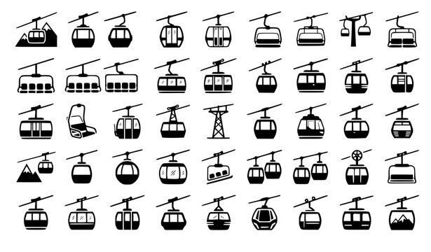 Cable car vector icon set black flat gondola ski lift collection isolated on white background