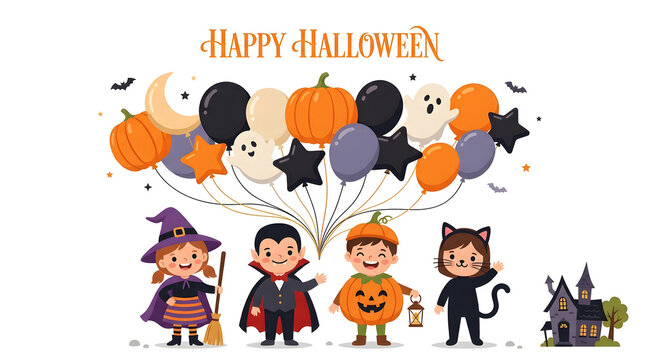 Happy children in diverse halloween costumes holding festive orange and black balloons with halloween