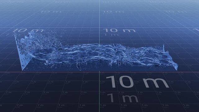 Blue 3D water simulation flowing over a grid plane with meters scale markers