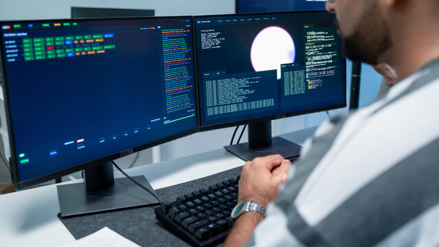 Software engineering use computer working develop AI office are assisting algorithm systems or verifying code. Programmer teamwork using artificial intelligence on laptop analysis or writing coding