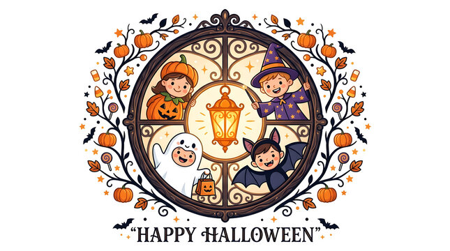 Children dressed in halloween costumes peeking through a decorative round wrought iron frame with halloween
