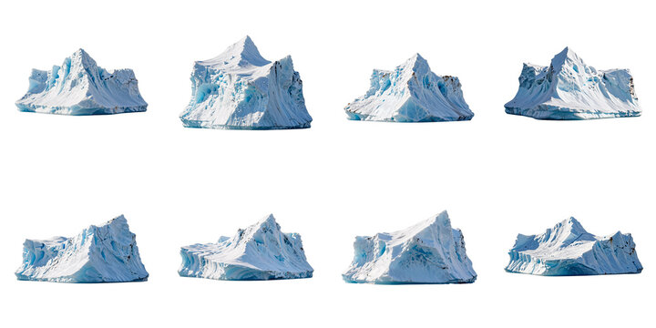 Collection of isolated icebergs floating on the ocean against a black background