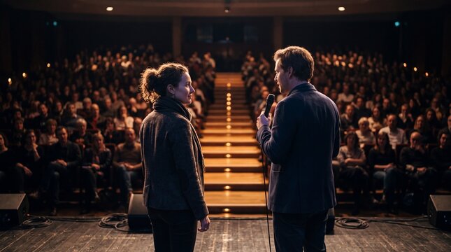 Q&A Session with Two Speakers Engaging Audience on Stage in Dimly Lit Auditorium