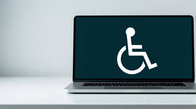 Laptop displays wheelchair icon signifying digital accessibility and online inclusion. Symbol represents computer access for persons with disabilities, promoting equality.