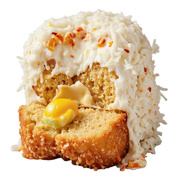 Coconut cake Jamaican Toto dessert slice with fried festival isolated on a transparent background for food design and menus