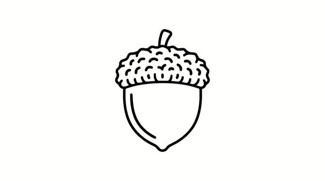 A simple black and white line drawing of a single oak tree nut acorn with acorn depicted minimalist illustration
