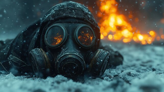 A figure lies in the snow wearing a gas mask as flames flicker in the distance