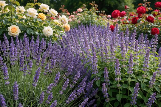 Lavender and catnip plants bloom in a garden setting. Roses in various colors like red, yellow, and white grow nearby. Rich green leaves surround the vibrant purple flowers.