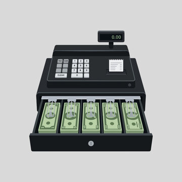 Cash register with dollar bills in the drawer.