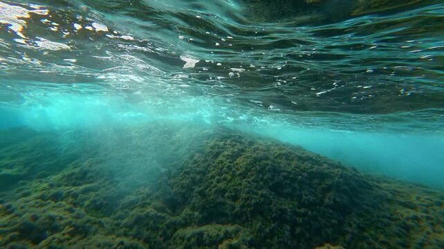 Underwater view of rocky seabed and algae beneath sea waves