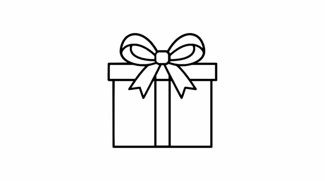 A simple black and white line art illustration of a square gift box with ribbon with present topped decorative