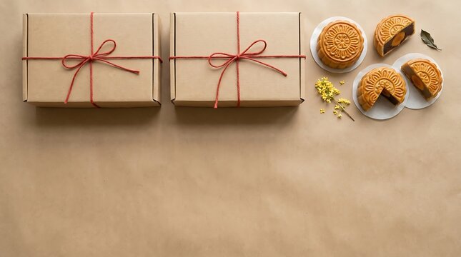 gift boxes and mooncakes on kraft paper mid autumn festival flat lay