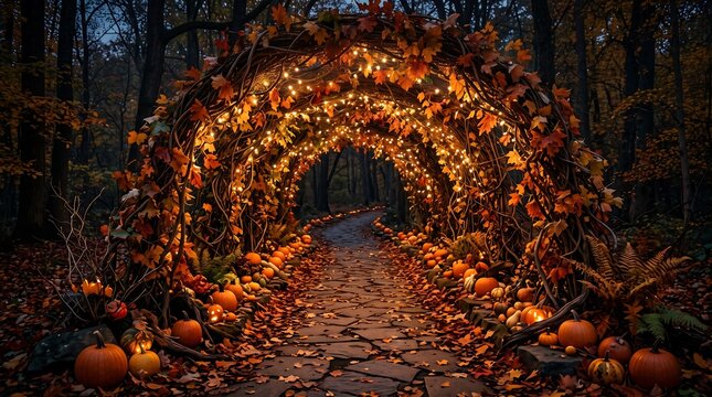 Pathway with pumpkins and vines in autumn outdoor setting with natural light