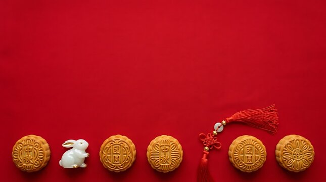 mooncakes with jade rabbit figurine on red background mid autumn flat lay