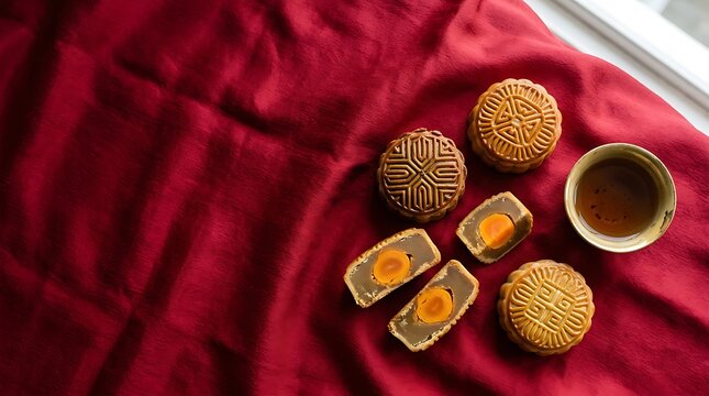 mooncakes and tea cup on red silk fabric mid autumn festival flat lay