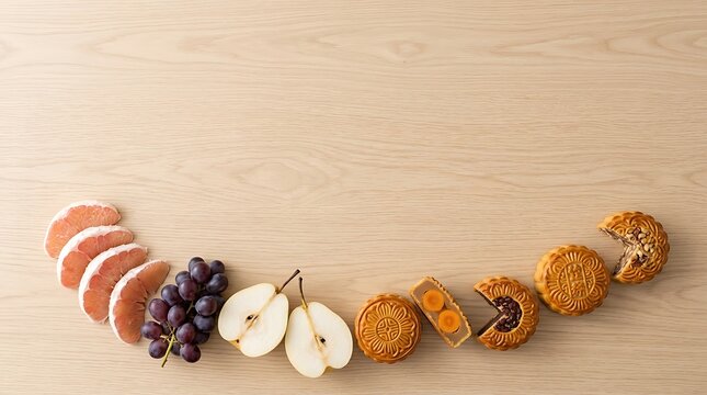 mooncakes with fresh fruits on wooden table mid autumn festival flat lay