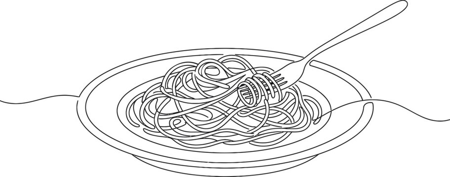 Plate of spaghetti pasta served with a fork drawing italian food line art dinner plate noodle bowl home cooking