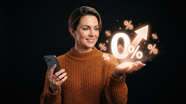 Woman holding phone with glowing zero percent discount offer studio shot