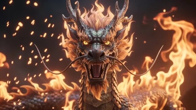 A powerful horned dragon faces forward with glowing eyes and fiery flames surrounding its scaled body in a dark fantasy setting.