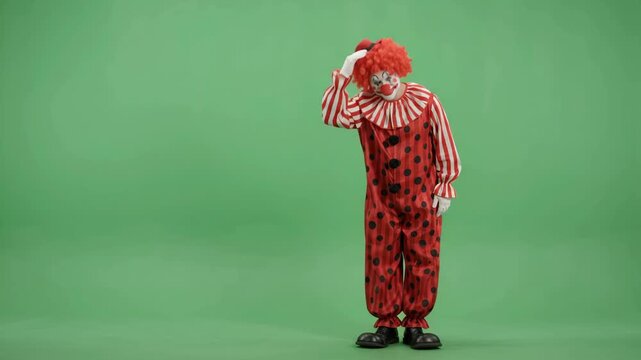 A funny clown in a bright red and white costume and red wig dances and points to the side on a green screen background. 