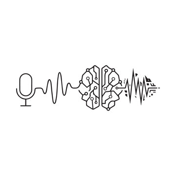 Voice recognition and audio processing icon showing microphone waves and electronic brain neural network synchronization.