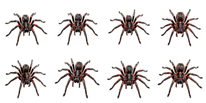 Array of eight tarantulas poses against a black backdrop
