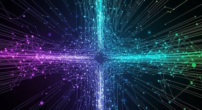 Technology network lines radiate from a glowing central core in deep blue and purple hues.