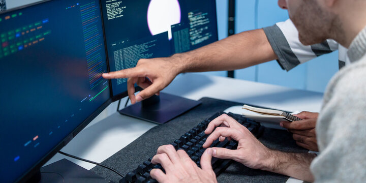 Software engineering use computer working develop AI office are assisting algorithm systems or verifying code. Programmer teamwork using artificial intelligence on laptop analysis or writing coding