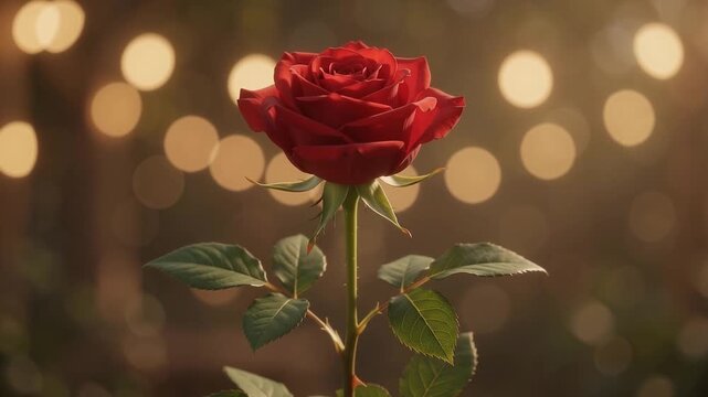 A single red rose in full bloom with green leaves against a softly blurred warm background.