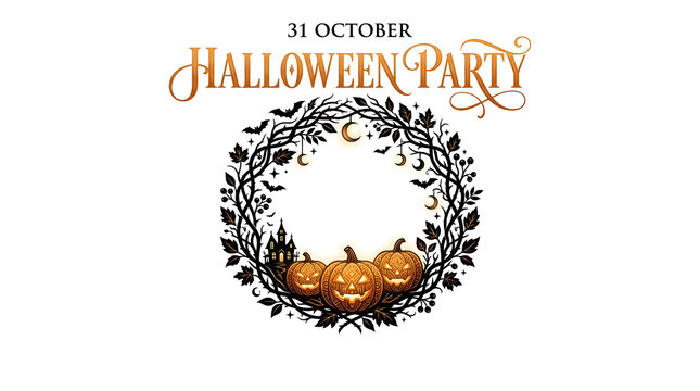 Halloween party 31st october festive invitation card with pumpkin wreath frame halloween invitation