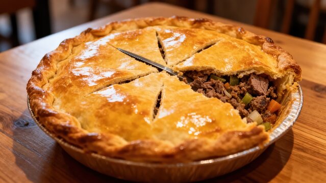A Canadian tourti&egrave;re, a traditional meat pie with a flaky crust and savory seasoned pork filling, served on a wooden board with pickles and mustard, representing a classic French-Canadian dish