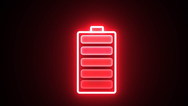 Glowing red neon battery icon representing low charge or alert status on black background with neon light