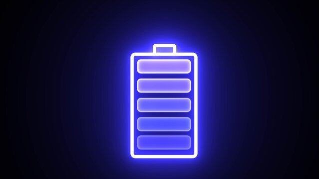 Glowing blue neon battery icon representing high charge or active power on black background with neon light
