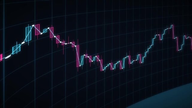 Dynamic stock market chart animation, financial data analysis, fluctuating candlestick graph, business investment and trading trends, economic growth and recession visualization 4k