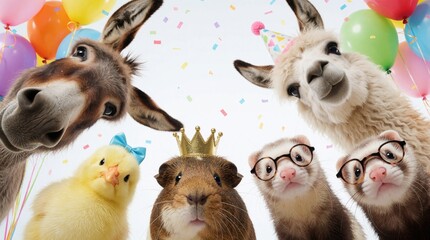 Fototapeta premium Funny animals, including donkey, llama, chick, guinea pig and ferrets, look down at camera surrounded by balloons and confetti. Group of pets celebrates holiday party with festive hats and crown.