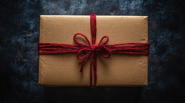 A lovely gift box tied neatly with red twine rests gracefully on a dark background
