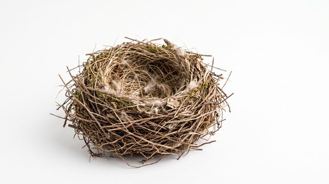 Empty bird nest made of twigs and dry grass isolated on a white background