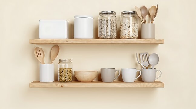 Minimalist kitchen pantry organization featuring two wooden floating shelves with white containers, glass jars for grains, wooden utensils, and ceramic mugs on a neutral beige background.