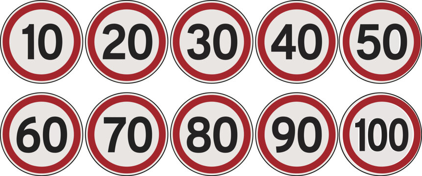 Speed limit traffic sign collection vector icon set, maximum speed regulation signs from 10 to 100 for road safety warning transportation driving rules and speed limitation.