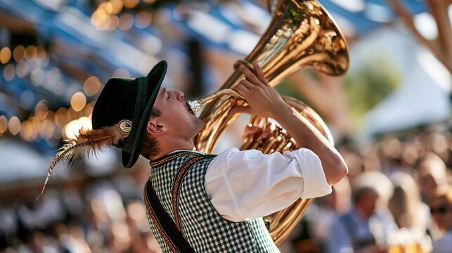 Rear view of a tuba player at an oktoberfest beer festival celebration face turned away from camera bright clean festival backdrop festive folk music concept bright