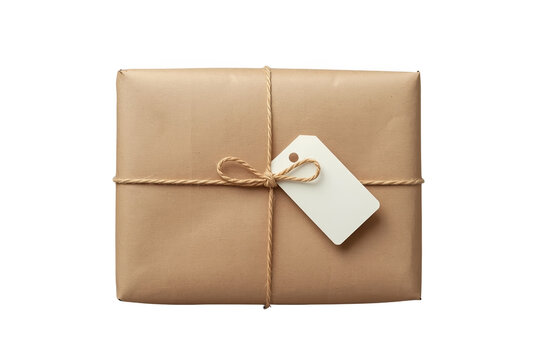 Brown paper package with twine and a hanging label