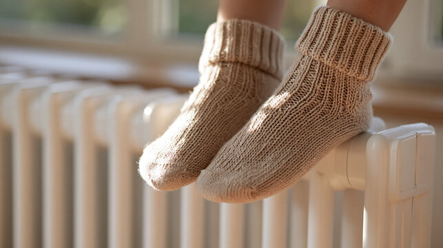 Detailed cream wool socks gently draped over a white radiator visible woven fibers and warm tactile texture cold winter atmosphere surrounding the scene household heating and energ