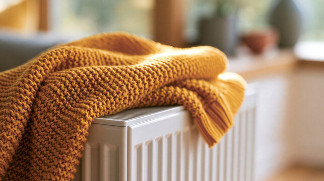 Detailed mustard yellow knitted throw blanket gently draped over a white radiator visible woven fibers and warm tactile texture cold winter atmosphere surrounding the scene househo