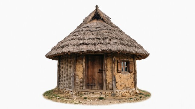 Traditional round hut with a thatched roof isolated on a white background
