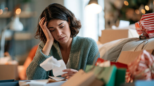 Stressed woman reviewing crumpled receipts while sitting on couch surrounded by unopened shopping bags and gift wrap visual concept of holiday overspending and financial pressure p