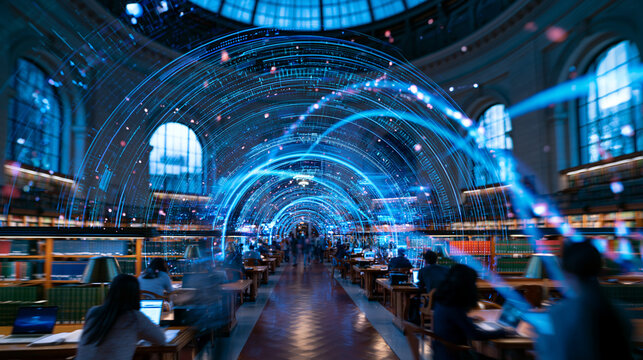 a research university library with data streams digital waves other knowledge symbols coursing through it electric modern