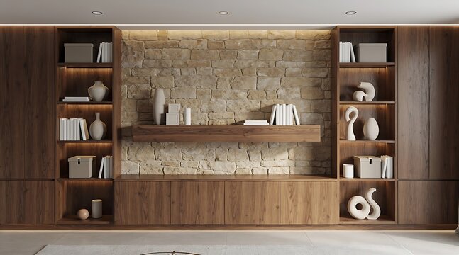 Modern Luxury Interior Design Featuring a Large Wooden Wall Unit with Integrated Bookshelves and Cabinets Against a Textured Stone Wall Cladding Backdrop in a Minimalist Home Living Room
