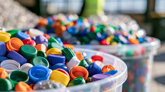 Sorted piles of colorful plastic caps and bottle lids in clear bins, recycling sorting facility, waste segregation concept, circular economy, environmental awareness, industrial da